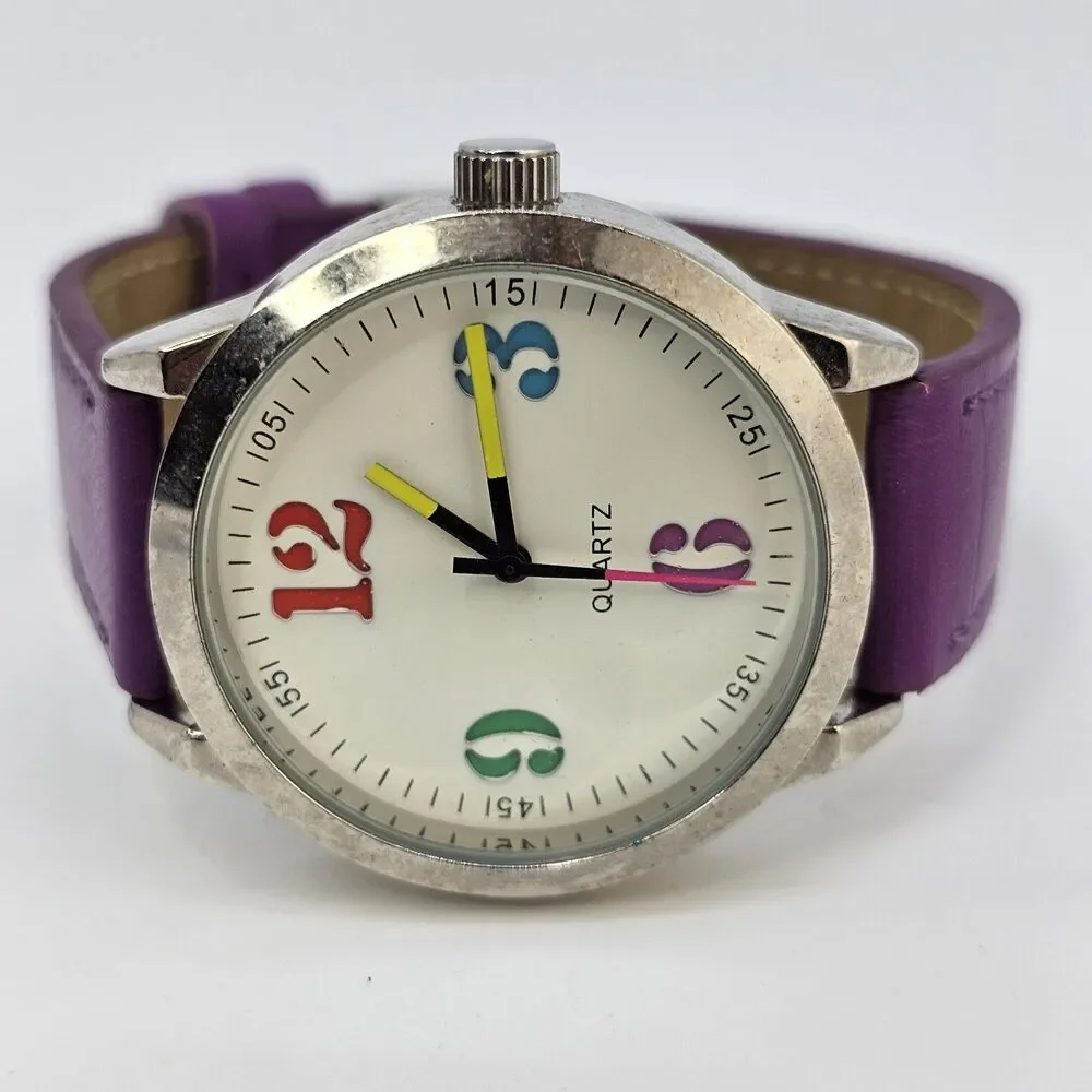 38MM Women's Watch White Dial Faux Purple Leather Bands‎ New Battery